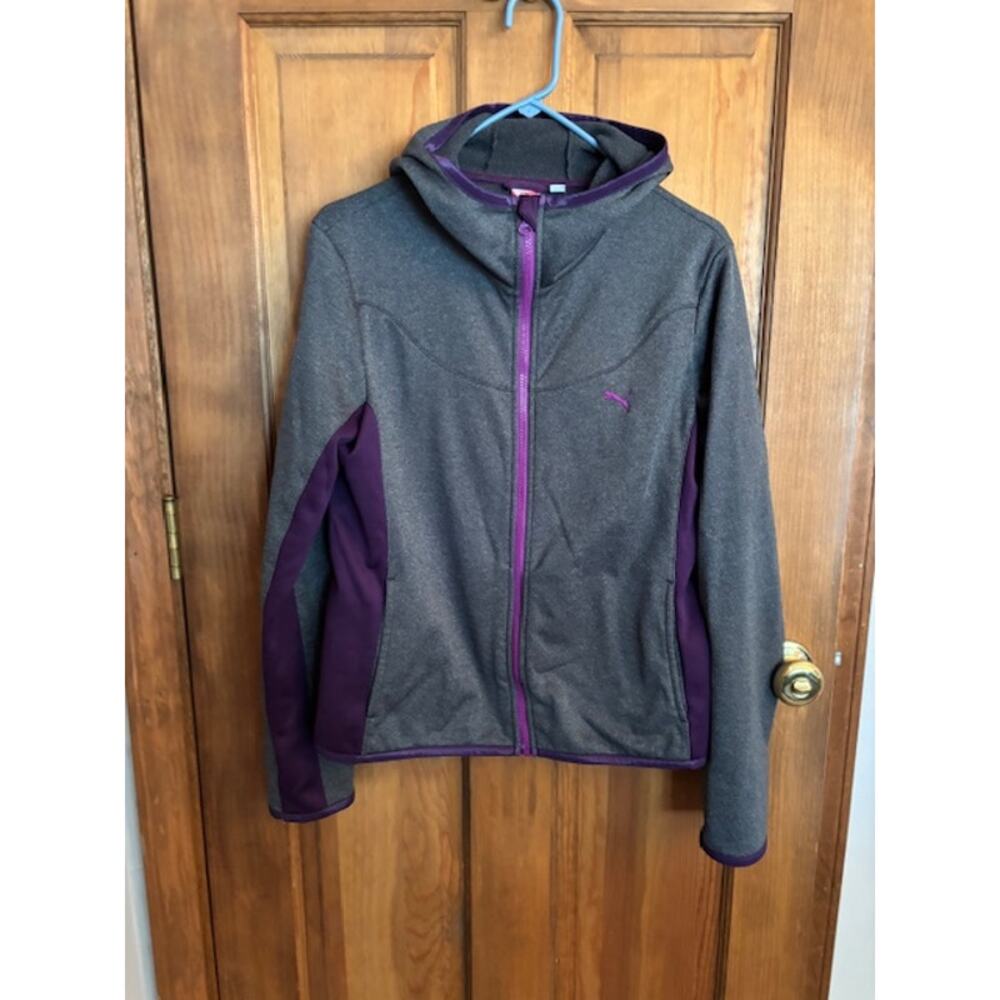 Women’s Puma Hooded Jacket Dark Gray and Purple Trim With Thumb Holes Size Large